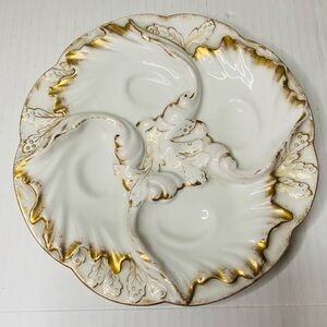 ANTIQUE RARE CFH Haviland Limoges White & Gold Porcelain Oyster Plate 7.5"W